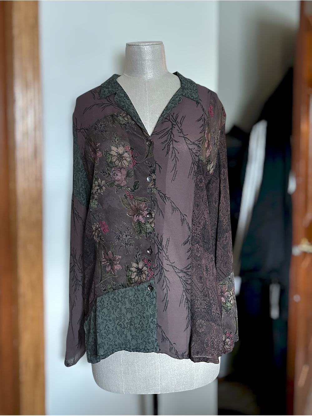 Vintage Chico’s Design Sheer Floral Patchwork Button Down Shirt
